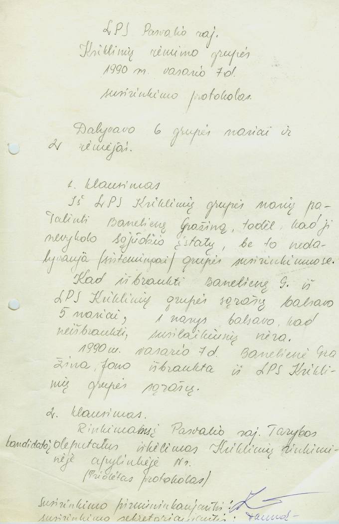 LPS Pasvalio rajono Kriklinių rėmimo grupės 1990 m. vasario 7 d. susirinkimo protokolas